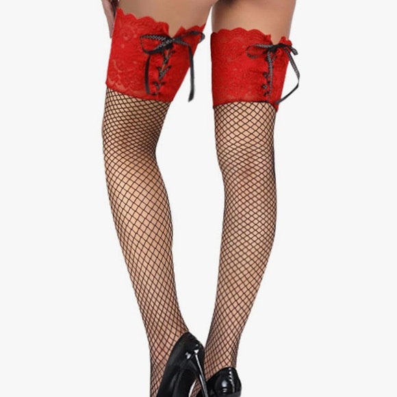 Black fishnet thigh high OTK sock lace corset burlesque garter belt lingerie new - Picture 9 of 12